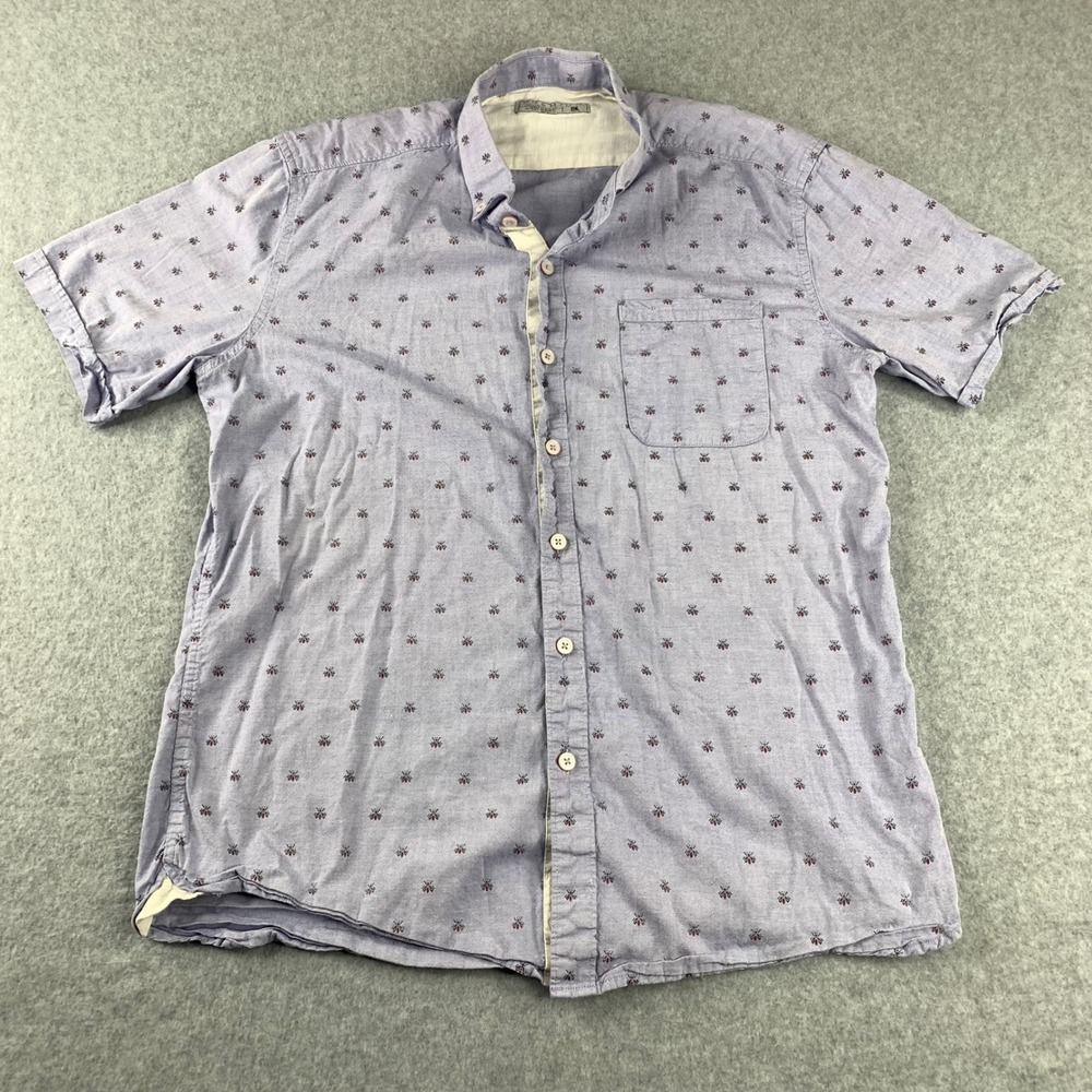 7 Diamonds Button Down Shirt Mens XL Blue Insect Print Short Sleeve Casual